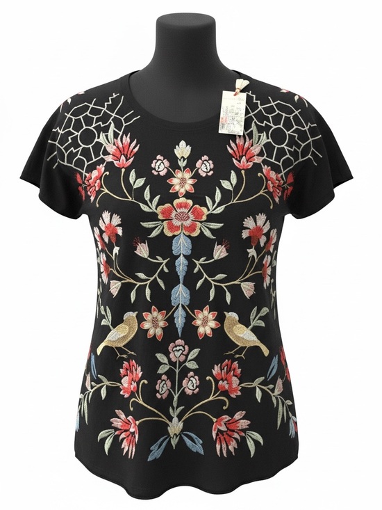 Johnny Was Tops - Johnny Was Clara Raw Detail Swing Floral & Bird Embroidered Black Tee NWT SZ M